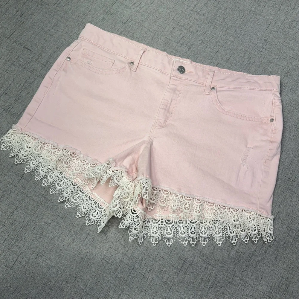 Jessica Simpson Pink Nomad Distressed Jean Shorts with Lace Crochet Trim 31